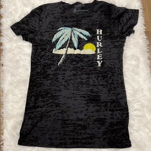 Hurley Fitted Black Tee with Palm and Sun Graphic